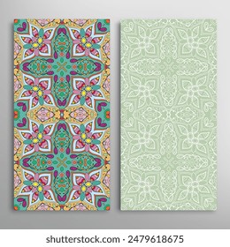 Vertical seamless patterns set, floral geometric lace texture for Wedding, Valentine's day, greeting card or Birthday Invitation. Decorative seamless doodle backgrounds. Ethnic ornament border pattern