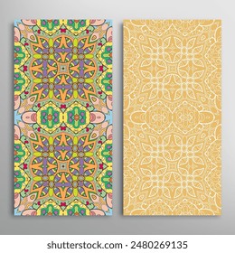 Vertical seamless patterns set, floral geometric lace texture for Wedding, Valentine's day, greeting card or Birthday Invitation. Decorative seamless doodle backgrounds. Ethnic ornament border pattern