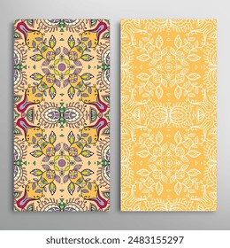 Vertical seamless patterns set, floral geometric lace texture for Wedding, Valentine's day, greeting card or Birthday Invitation. Decorative seamless doodle backgrounds. Ethnic ornament border pattern