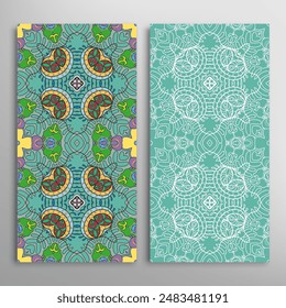 Vertical seamless patterns set, floral geometric lace texture for Wedding, Valentine's day, greeting card or Birthday Invitation. Decorative seamless doodle backgrounds. Ethnic ornament border pattern