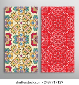 Vertical seamless patterns set, floral geometric lace texture for Wedding, Valentine's day, greeting card or Birthday Invitation. Decorative seamless doodle backgrounds. Ethnic ornament border pattern