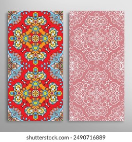 Vertical seamless patterns set, floral geometric lace texture for Wedding, Valentine's day, greeting card or Birthday Invitation. Decorative seamless doodle backgrounds. Ethnic ornament border pattern