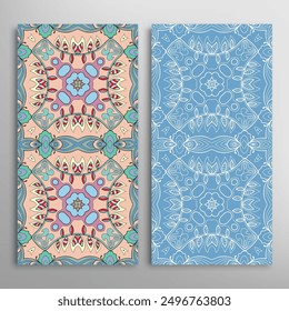 Vertical seamless patterns set, floral geometric lace texture for Wedding, Valentine's day, greeting card or Birthday Invitation. Decorative seamless doodle backgrounds. Ethnic ornament border pattern
