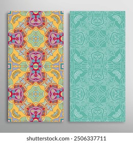 Vertical seamless patterns set, floral geometric lace texture for Wedding, Valentine's day, greeting card or Birthday Invitation. Decorative seamless doodle backgrounds. Ethnic ornament border pattern