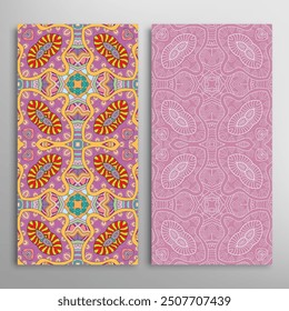 Vertical seamless patterns set, floral geometric lace texture for Wedding, Valentine's day, greeting card or Birthday Invitation. Decorative seamless doodle backgrounds. Ethnic ornament border pattern