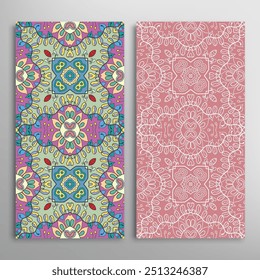 Vertical seamless patterns set, floral geometric lace texture for Wedding, Valentine's day, greeting card or Birthday Invitation. Decorative seamless doodle backgrounds. Ethnic ornament border pattern