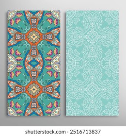 Vertical seamless patterns set, floral geometric lace texture for Wedding, Valentine's day, greeting card or Birthday Invitation. Decorative seamless doodle backgrounds. Ethnic ornament border pattern