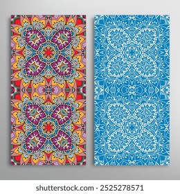 Vertical seamless patterns set, floral geometric lace texture for Wedding, Valentine's day, greeting card or Birthday Invitation. Decorative seamless doodle backgrounds. Ethnic ornament border pattern