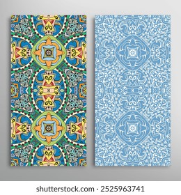 Vertical seamless patterns set, floral geometric lace texture for Wedding, Valentine's day, greeting card or Birthday Invitation. Decorative seamless doodle backgrounds. Ethnic ornament border pattern