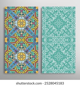 Vertical seamless patterns set, floral geometric lace texture for Wedding, Valentine's day, greeting card or Birthday Invitation. Decorative seamless doodle backgrounds. Ethnic ornament border pattern