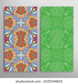 Vertical seamless patterns set, floral geometric lace texture for Wedding, Valentine's day, greeting card or Birthday Invitation. Decorative seamless doodle backgrounds. Ethnic ornament border pattern