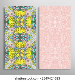 Conjunto de patrones sin costuras de Vertical, textura de encaje geométrico floral para Boda, día de San Valentín, tarjeta de felicitación o invitación de cumpleaños. Fondos de doodle sin fisuras decorativas. Patrón de frontera de adorno étnico