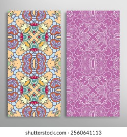 Vertical seamless patterns set, floral geometric lace texture for Wedding, Valentine's day, greeting card or Birthday Invitation. Decorative seamless doodle backgrounds. Ethnic ornament border pattern