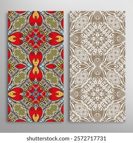 Vertical seamless patterns set, floral geometric lace texture for Wedding, Valentine's day, greeting card or Birthday Invitation. Decorative seamless doodle backgrounds. Ethnic ornament border pattern