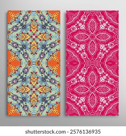 Vertical seamless patterns set, floral geometric lace texture for Wedding, Valentine's day, greeting card or Birthday Invitation. Decorative seamless doodle backgrounds. Ethnic ornament border pattern