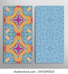 Vertical seamless patterns set, floral geometric lace texture for Wedding, Valentine's day, greeting card or Birthday Invitation. Decorative seamless doodle backgrounds. Ethnic ornament border pattern
