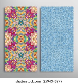 Vertical seamless patterns set, floral geometric lace texture for Wedding, Valentine's day, greeting card or Birthday Invitation. Decorative seamless doodle backgrounds. Ethnic ornament border pattern