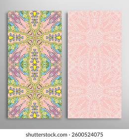 Vertical seamless patterns set, floral geometric lace texture for Wedding, Valentine's day, greeting card or Birthday Invitation. Decorative seamless doodle backgrounds. Ethnic ornament border pattern