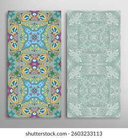 Vertical seamless patterns set, floral geometric lace texture for Wedding, Valentine's day, greeting card or Birthday Invitation. Decorative seamless doodle backgrounds. Ethnic ornament border pattern
