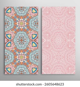 Vertical seamless patterns set, floral geometric lace texture for Wedding, Valentine's day, greeting card or Birthday Invitation. Decorative seamless doodle backgrounds. Ethnic ornament border pattern