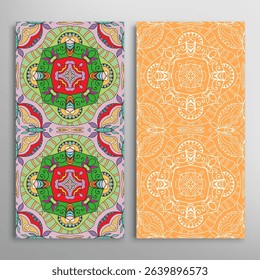 Vertical seamless patterns set, floral geometric lace texture for Wedding, Valentine's day, greeting card or Birthday Invitation. Decorative seamless doodle backgrounds. Ethnic ornament border pattern