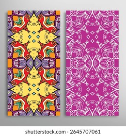 Vertical seamless patterns set, floral geometric lace texture for Wedding, Valentine's day, greeting card or Birthday Invitation. Decorative seamless doodle backgrounds. Ethnic ornament border pattern