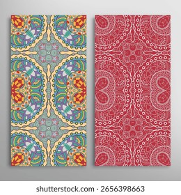Conjunto de patrones sin costuras de Vertical, textura de encaje geométrico floral para Boda, día de San Valentín, tarjeta de felicitación o invitación de cumpleaños. Fondos de doodle sin fisuras decorativas. Patrón de frontera de adorno étnico