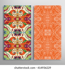 Vertical seamless patterns set, floral geometric lace background for Wedding, Bridal, Valentine's day, greeting cards or Birthday Invitations. Decorative seamless texture, tribal ethnic ornament