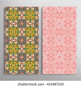 Vertical seamless patterns set, floral geometric lace background for Wedding, Bridal, Valentine's day, greeting cards or Birthday Invitations. Decorative seamless texture, tribal ethnic ornament