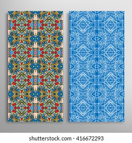 Vertical seamless patterns set, floral geometric lace texture for Wedding, Bridal, Valentine's day, greeting cards or Birthday Invitations. Decorative seamless backgrounds, tribal ethnic ornament