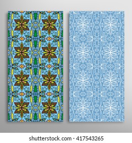 Vertical seamless patterns set, floral geometric lace texture for Wedding, Bridal, Valentine's day, greeting cards or Birthday Invitations. Decorative seamless backgrounds, tribal ethnic ornament