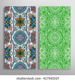 Vertical seamless patterns set, floral geometric lace texture for Wedding, Bridal, Valentine's day, greeting cards or Birthday Invitations. Decorative seamless backgrounds, tribal ethnic ornament