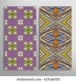 Vertical seamless patterns set, floral geometric lace texture for Wedding, Bridal, Valentine's day, greeting cards or Birthday Invitations. Decorative seamless backgrounds, tribal ethnic ornament