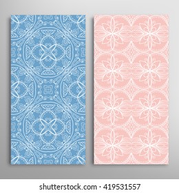 Vertical seamless patterns set, floral geometric lace texture for Wedding, Bridal, Valentine's day, greeting cards or Birthday Invitations. Decorative seamless backgrounds, tribal ethnic ornament