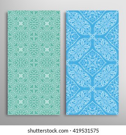 Vertical seamless patterns set, floral geometric lace texture for Wedding, Bridal, Valentine's day, greeting cards or Birthday Invitations. Decorative seamless backgrounds, tribal ethnic ornament