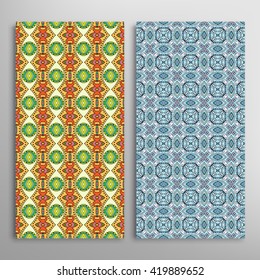 Vertical seamless patterns set, floral geometric lace texture for Wedding, Bridal, Valentine's day, greeting cards or Birthday Invitations. Decorative seamless backgrounds, tribal ethnic ornament