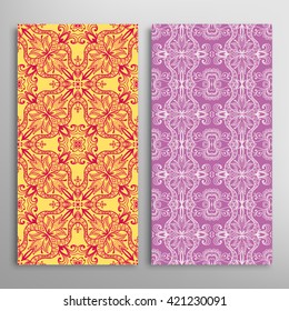 Vertical seamless patterns set, floral geometric lace texture for Wedding, Bridal, Valentine's day, greeting cards or Birthday Invitations. Decorative seamless backgrounds, tribal ethnic ornament