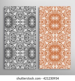 Vertical seamless patterns set, floral geometric lace texture for Wedding, Bridal, Valentine's day, greeting cards or Birthday Invitations. Decorative seamless backgrounds, tribal ethnic ornament