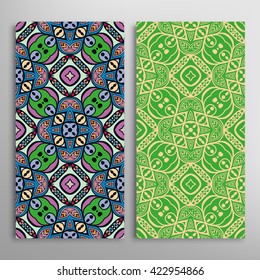 Vertical seamless patterns set, floral geometric lace texture for Wedding, Bridal, Valentine's day, greeting cards or Birthday Invitations. Decorative seamless backgrounds, tribal ethnic ornament