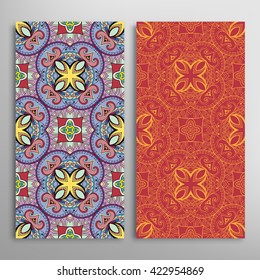 Vertical seamless patterns set, floral geometric lace texture for Wedding, Bridal, Valentine's day, greeting cards or Birthday Invitations. Decorative seamless backgrounds, tribal ethnic ornament
