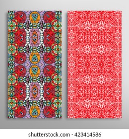 Vertical seamless patterns set, floral geometric lace texture for Wedding, Bridal, Valentine's day, greeting cards or Birthday Invitations. Decorative seamless backgrounds, tribal ethnic ornament