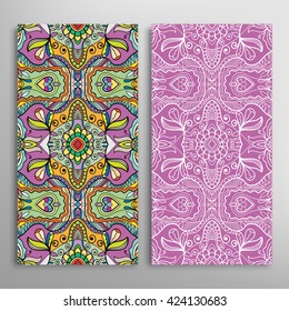 Vertical seamless patterns set, floral geometric lace texture for Wedding, Bridal, Valentine's day, greeting cards or Birthday Invitations. Decorative seamless backgrounds, tribal ethnic ornament