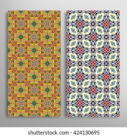 Vertical seamless patterns set, floral geometric lace texture for Wedding, Bridal, Valentine's day, greeting cards or Birthday Invitations. Decorative seamless backgrounds, tribal ethnic ornament
