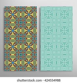 Vertical seamless patterns set, floral geometric lace texture for Wedding, Bridal, Valentine's day, greeting cards or Birthday Invitations. Decorative seamless backgrounds, tribal ethnic ornament