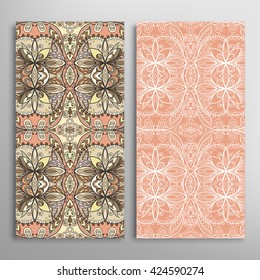 Vertical seamless patterns set, floral geometric lace texture for Wedding, Bridal, Valentine's day, greeting cards or Birthday Invitations. Decorative seamless backgrounds, tribal ethnic ornament