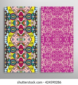 Vertical seamless patterns set, floral geometric lace texture for Wedding, Bridal, Valentine's day, greeting cards or Birthday Invitations. Decorative seamless backgrounds, tribal ethnic ornament