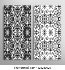 Vertical seamless patterns set, floral geometric lace texture for cards or invitations. Decorative seamless backgrounds collection, tribal ethnic ornament. Black and white
