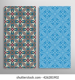 Vertical seamless patterns set, floral geometric lace texture for Wedding, Bridal, Valentine's day, greeting cards or Birthday Invitations. Decorative seamless backgrounds, tribal ethnic ornament