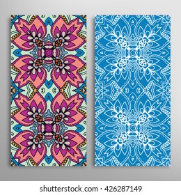 Vertical seamless patterns set, floral geometric lace texture for Wedding, Bridal, Valentine's day, greeting cards or Birthday Invitations. Decorative seamless backgrounds, tribal ethnic ornament