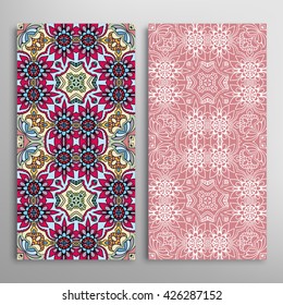 Vertical seamless patterns set, floral geometric lace texture for Wedding, Bridal, Valentine's day, greeting cards or Birthday Invitations. Decorative seamless backgrounds, tribal ethnic ornament